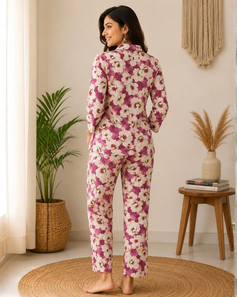 Floral Printed Rayon Cotton Co-Ord Set - Pink
