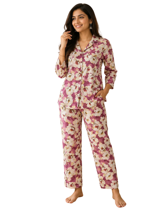 Floral Printed Rayon Cotton Co-Ord Set - Pink
