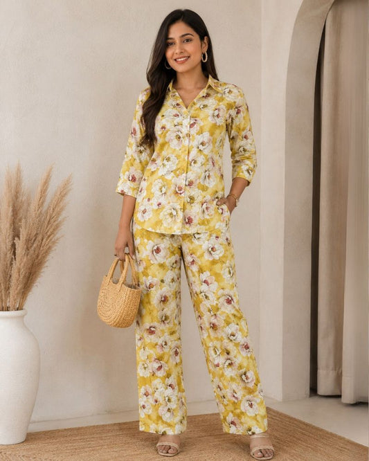 Floral Printed Rayon Cotton Co-Ord Set - Yellow