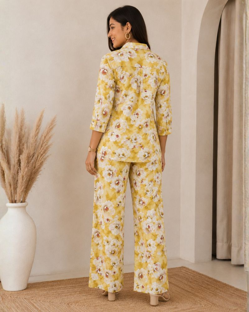 Floral Printed Rayon Cotton Co-Ord Set - Yellow