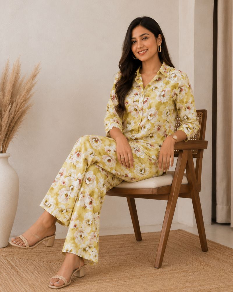 Floral Printed Rayon Cotton Co-Ord Set - Yellow