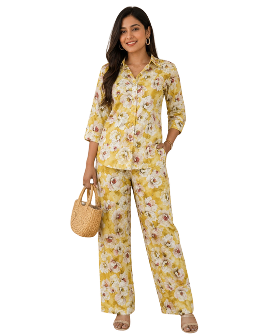 Floral Printed Rayon Cotton Co-Ord Set - Yellow