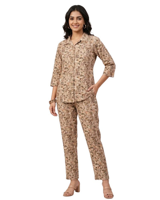 Pasley Printed Rayon Cotton Co-Ord Set - Camel