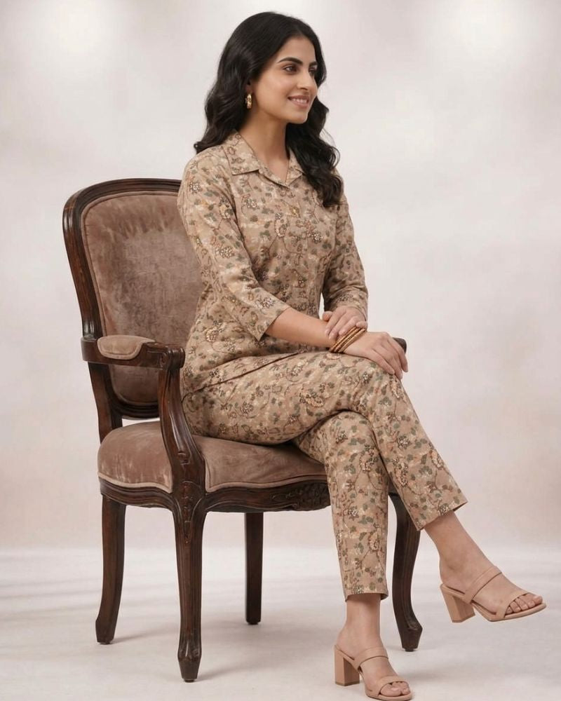 Pasley Printed Rayon Cotton Co-Ord Set - Camel