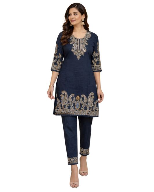 Kashmiri Embroidered Rayon Co-Ord Set - Black