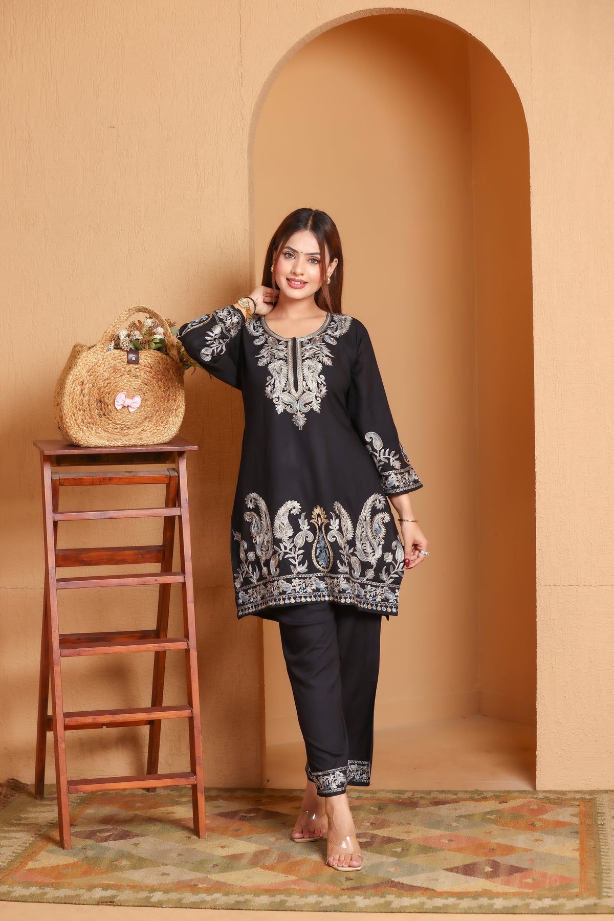 Kashmiri Embroidered Rayon Co-Ord Set - Black