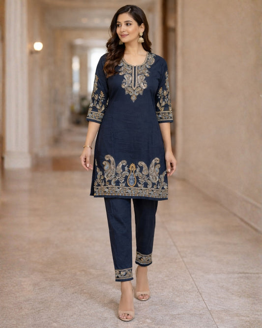 Kashmiri Embroidered Rayon Co-Ord Set - Black