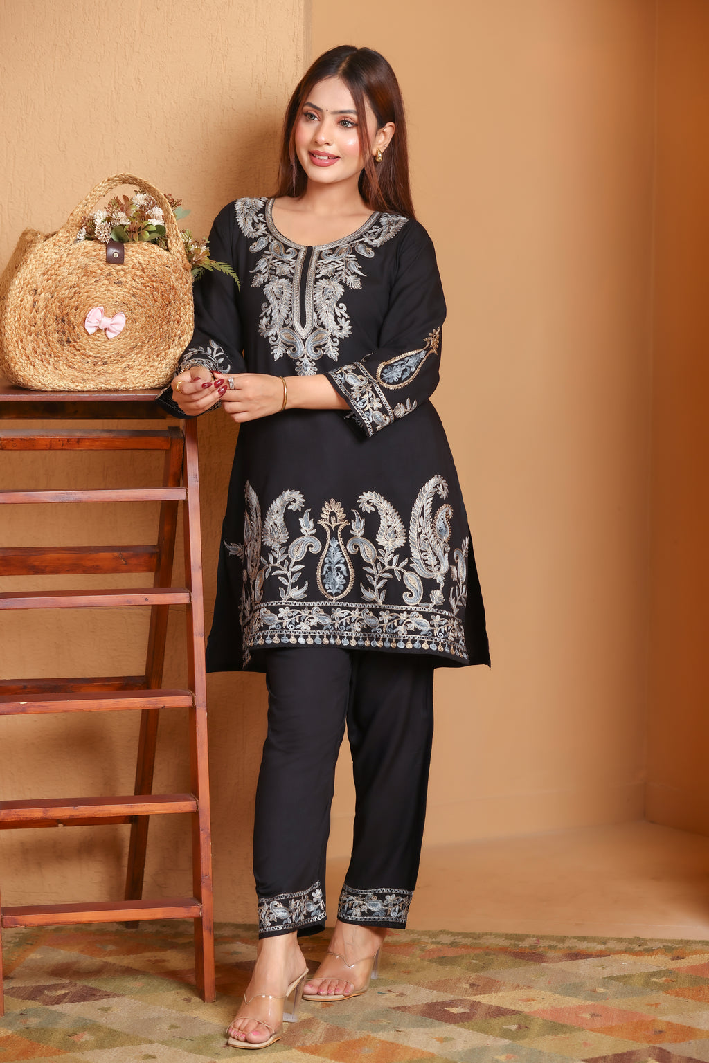 Kashmiri Embroidered Rayon Co-Ord Set - Black