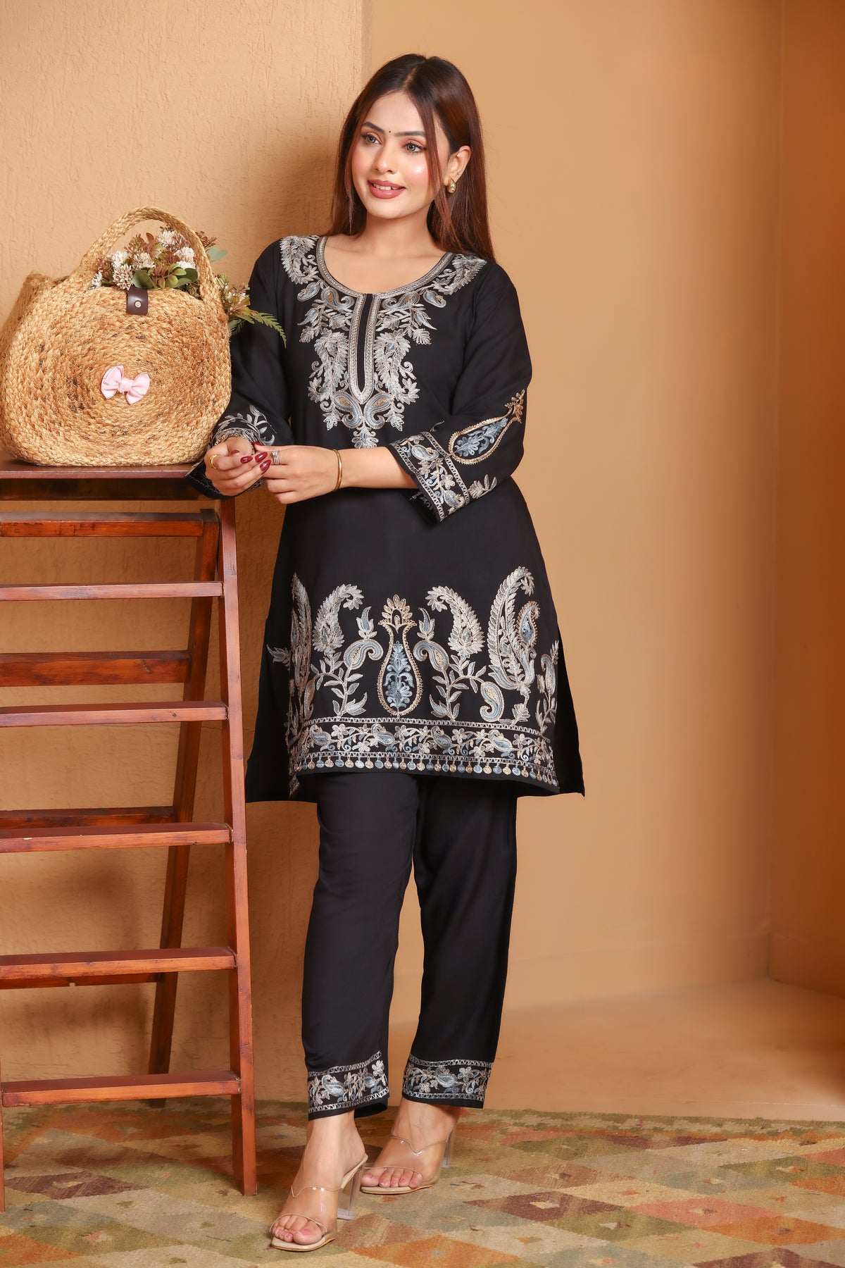 Kashmiri Embroidered Rayon Co-Ord Set - Black