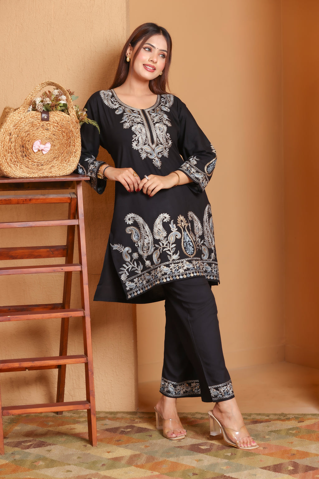 Kashmiri Embroidered Rayon Co-Ord Set - Black