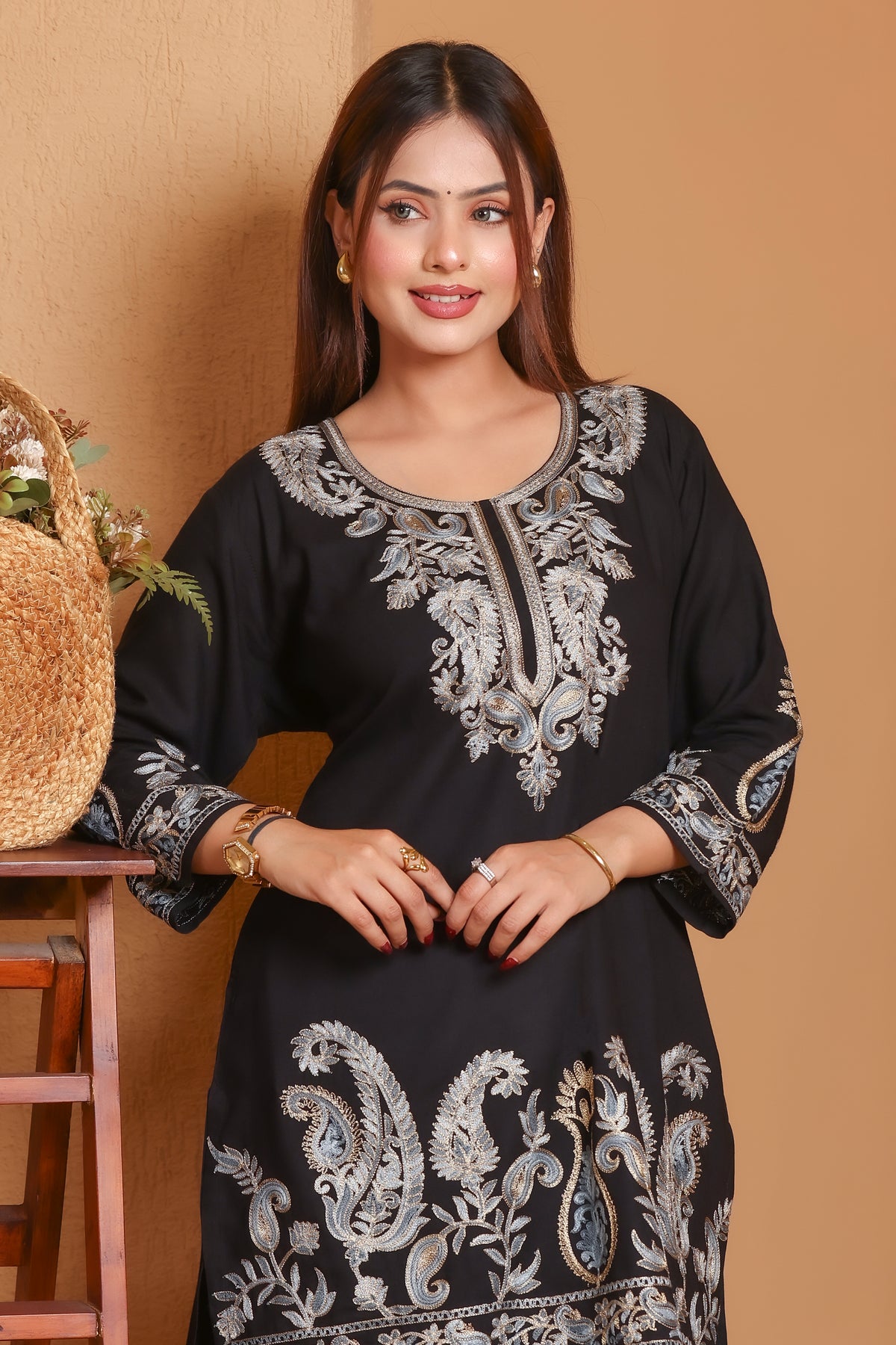 Kashmiri Embroidered Rayon Co-Ord Set - Black
