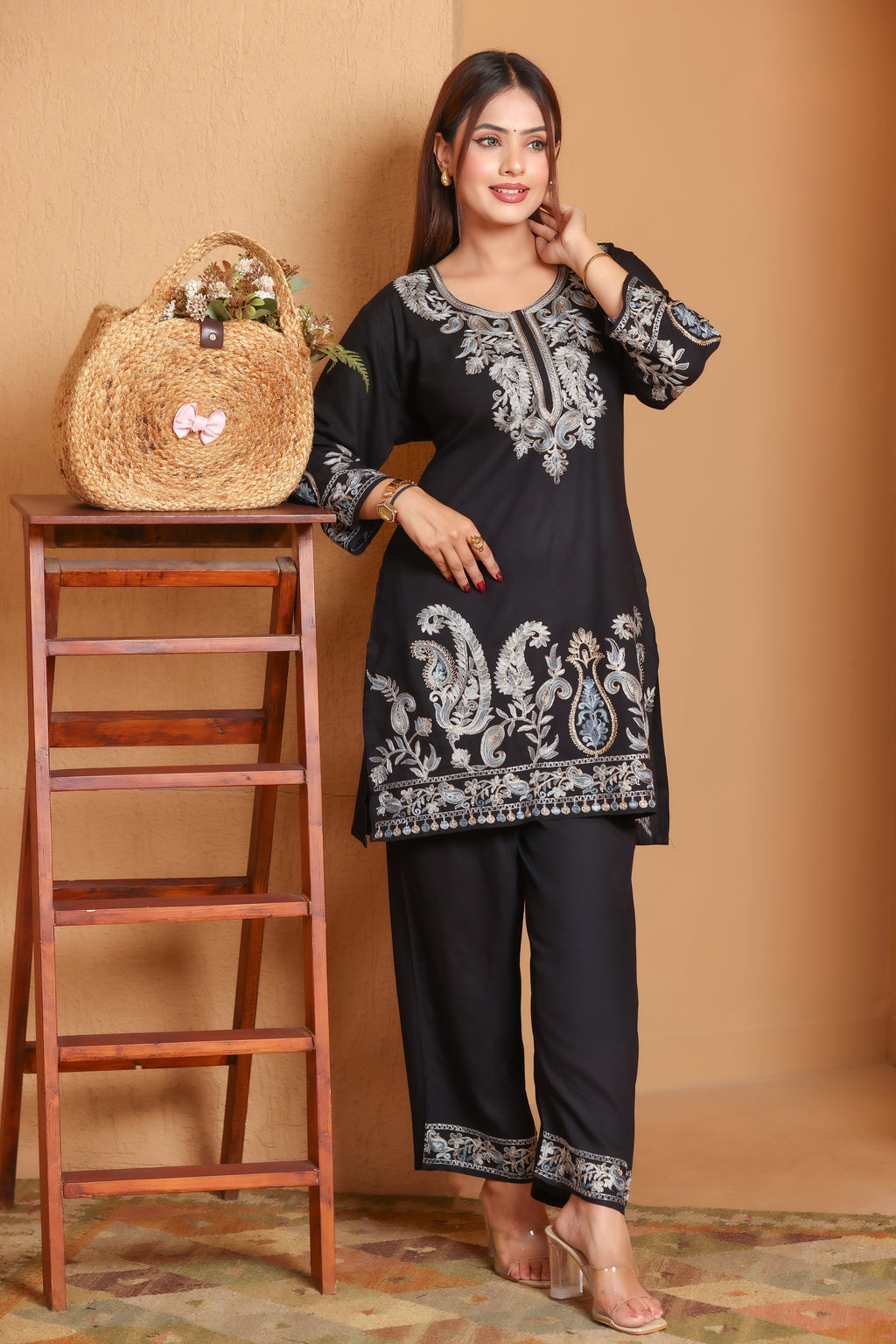 Kashmiri Embroidered Rayon Co-Ord Set - Black