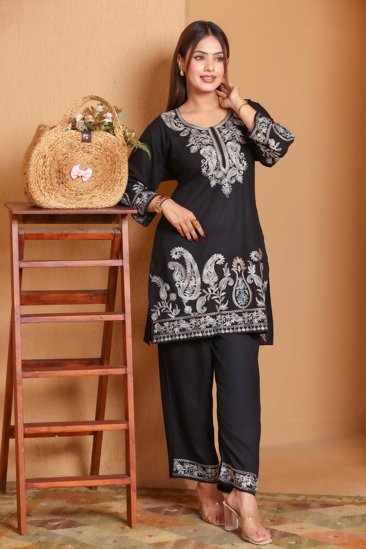 Kashmiri Embroidered Rayon Co-Ord Set - Black