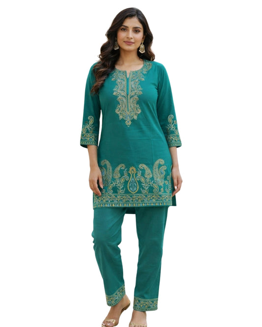 Kashmiri Embroidered Rayon Co-Ord Set - Green