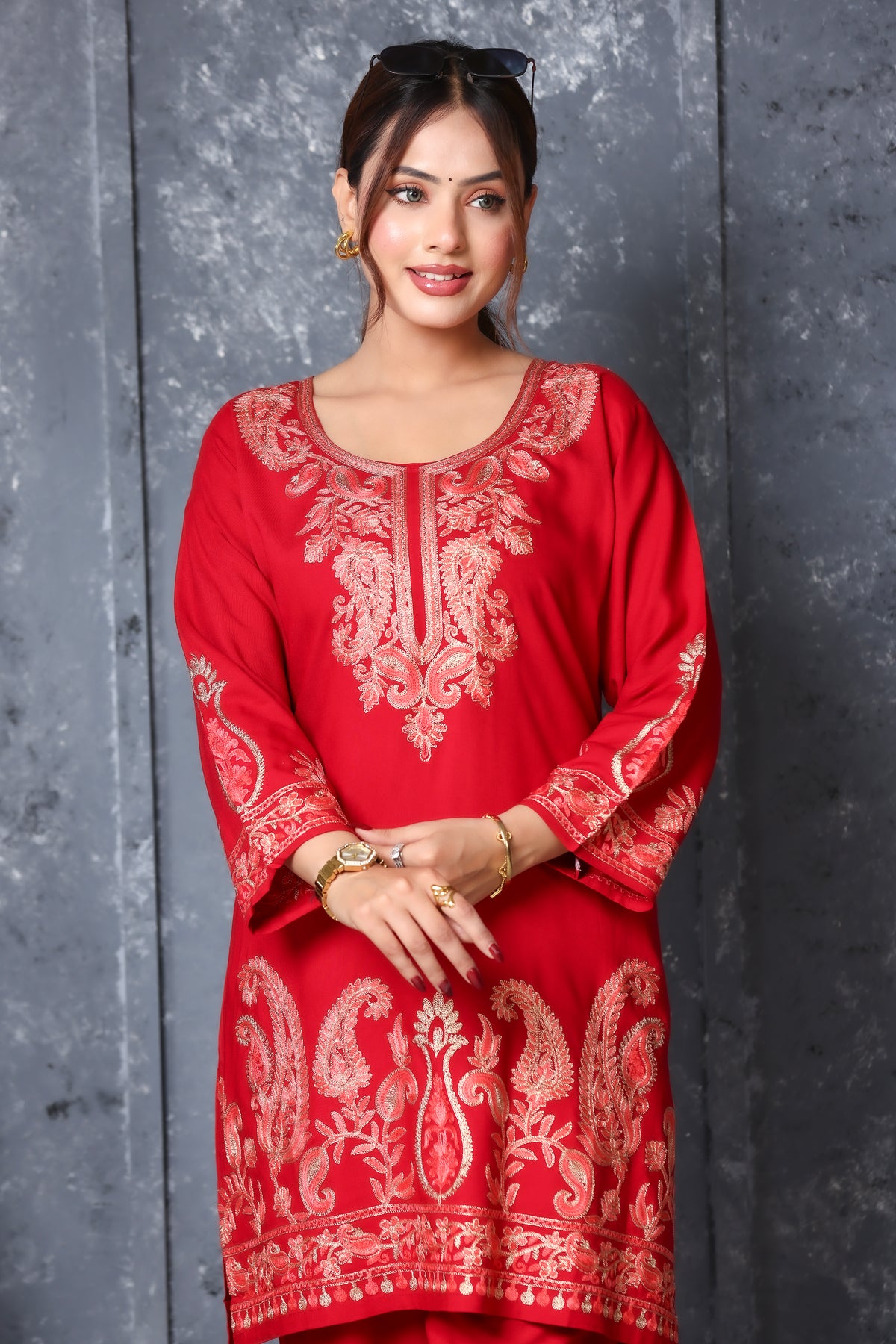 Kashmiri Embroidered Rayon Co-Ord Set - Maroon