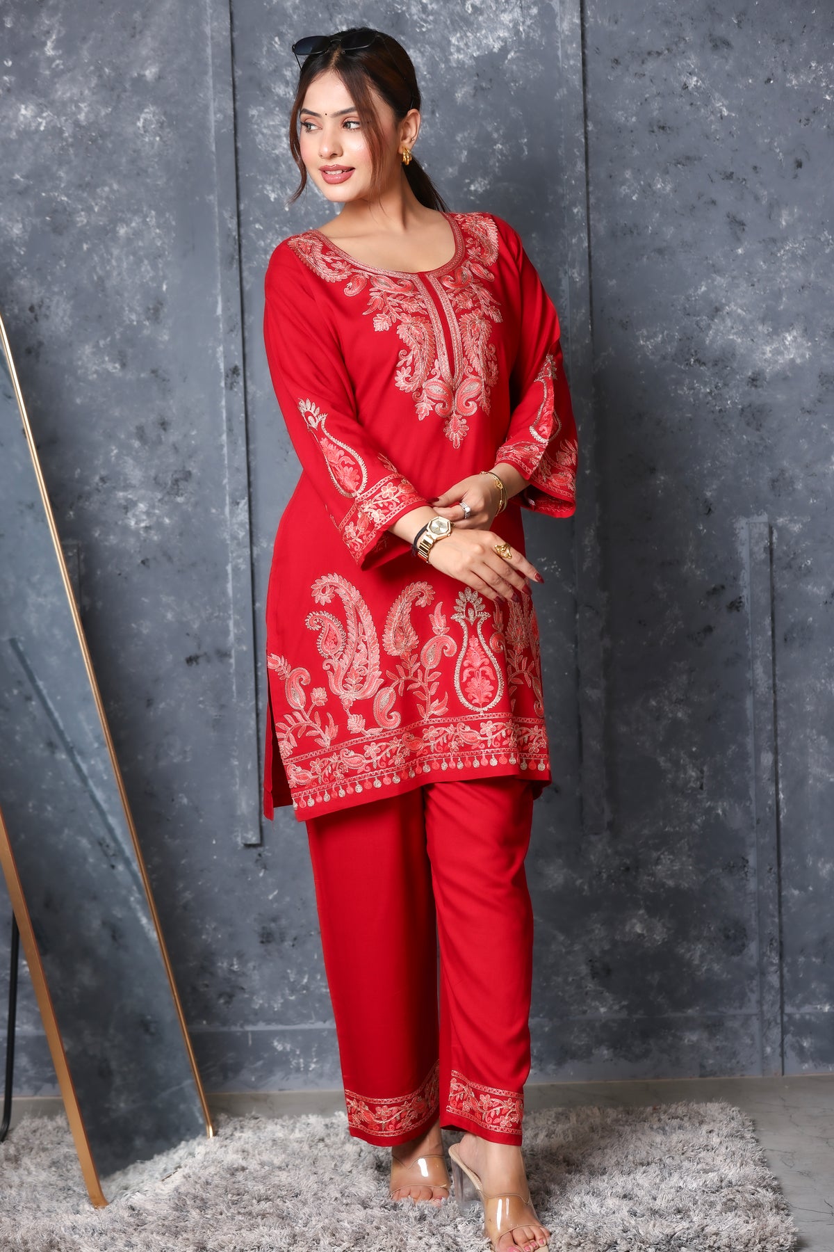 Kashmiri Embroidered Rayon Co-Ord Set - Maroon