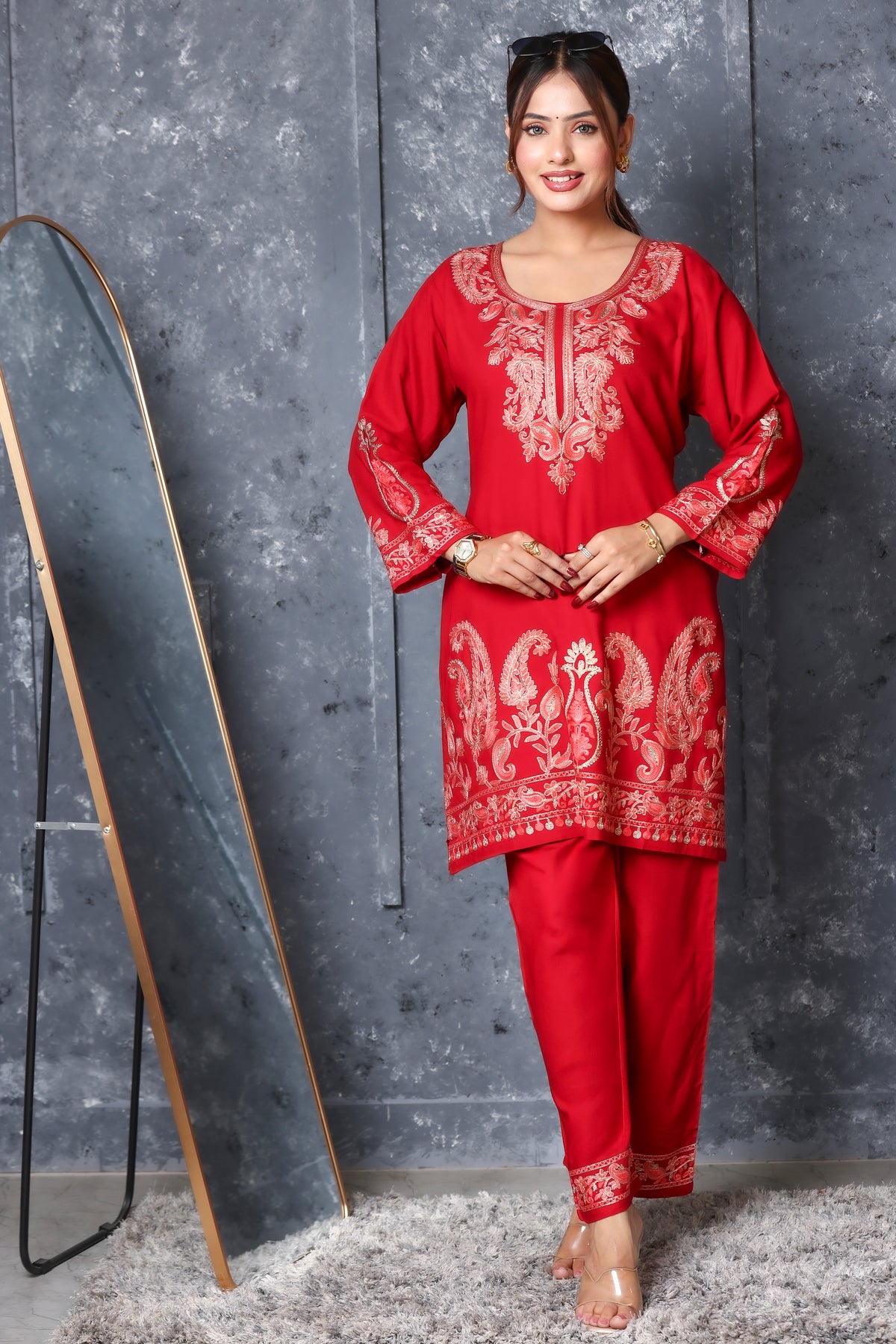 Kashmiri Embroidered Rayon Co-Ord Set - Maroon