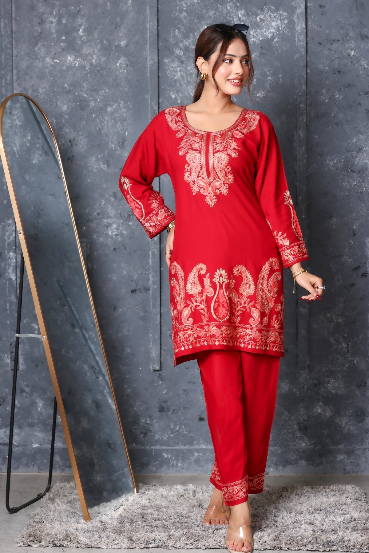Kashmiri Embroidered Rayon Co-Ord Set - Maroon