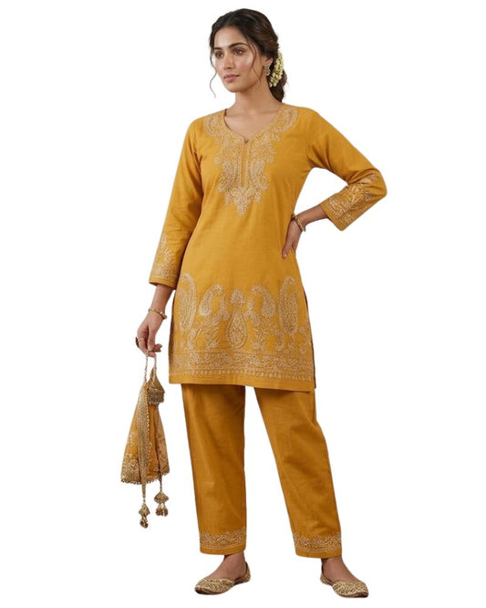 Kashmiri Embroidered Rayon Co-Ord Set - Mustard