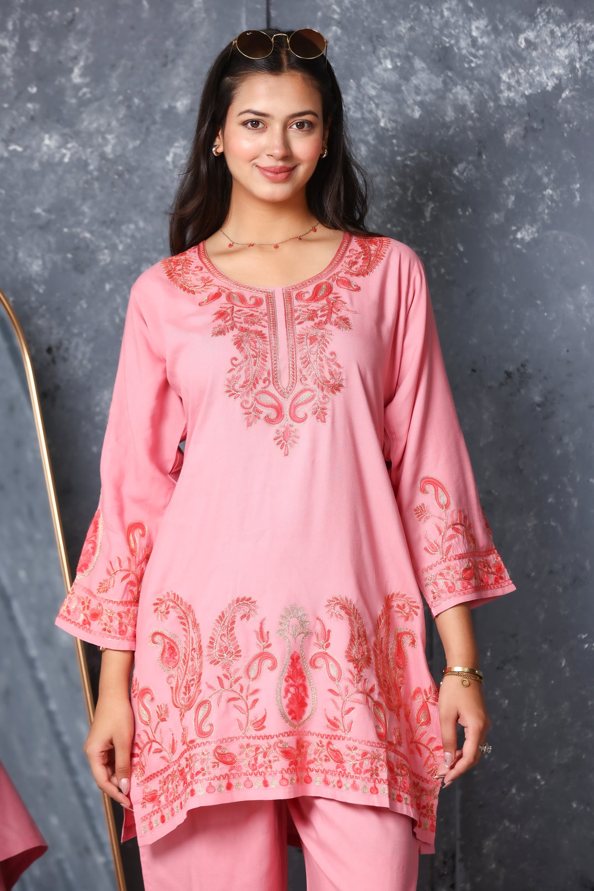 Kashmiri Embroidered Rayon Co-Ord Set - Peach
