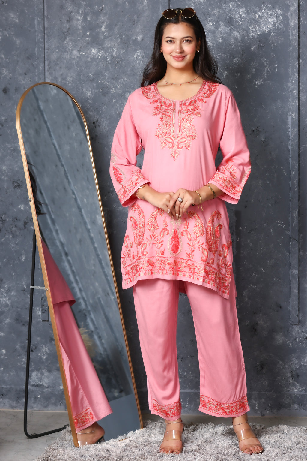 Kashmiri Embroidered Rayon Co-Ord Set - Peach