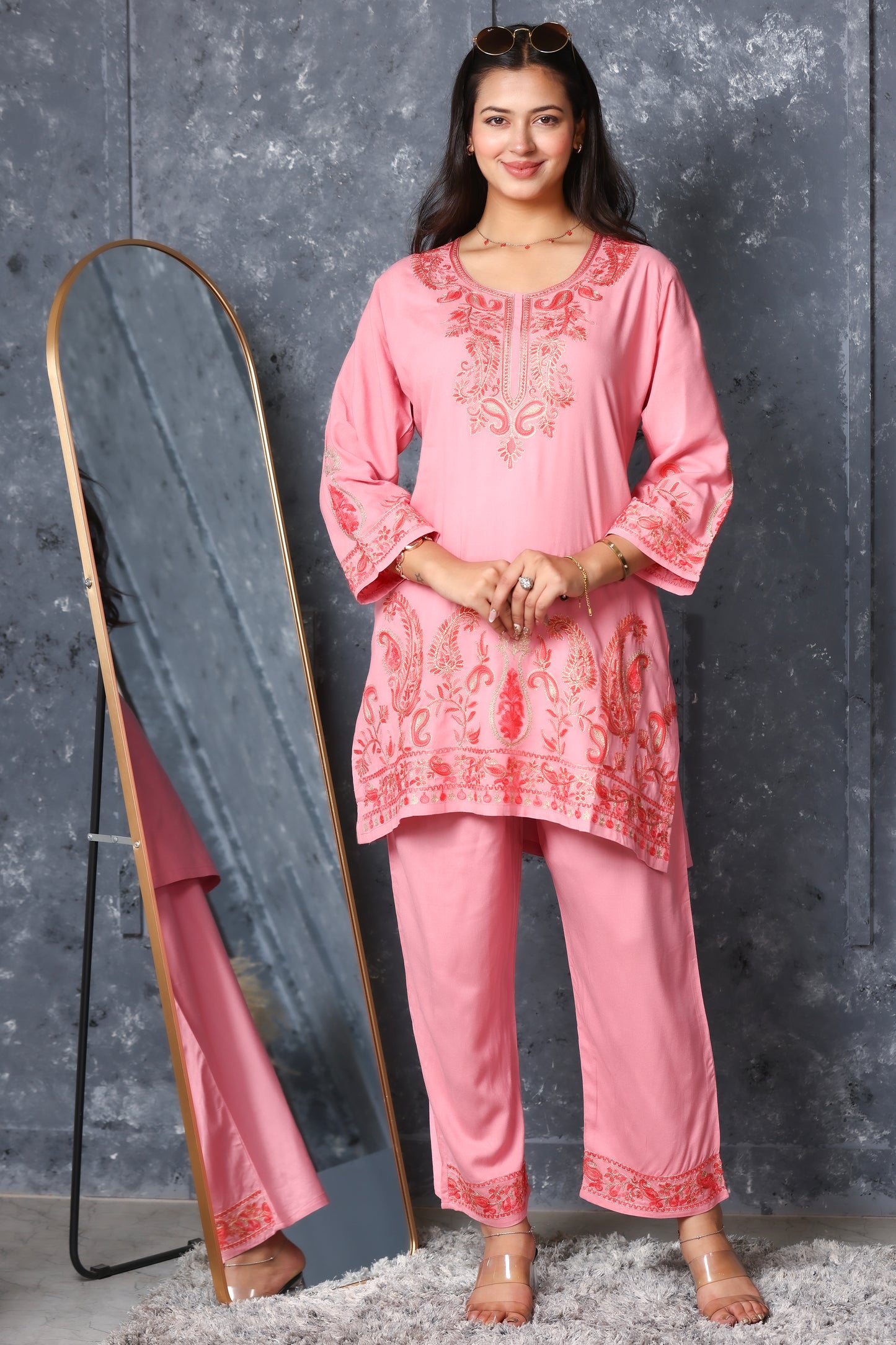 Kashmiri Embroidered Rayon Co-Ord Set - Peach