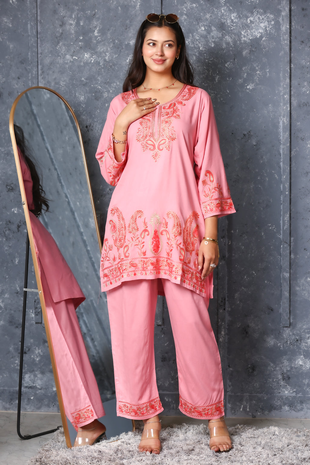 Kashmiri Embroidered Rayon Co-Ord Set - Peach