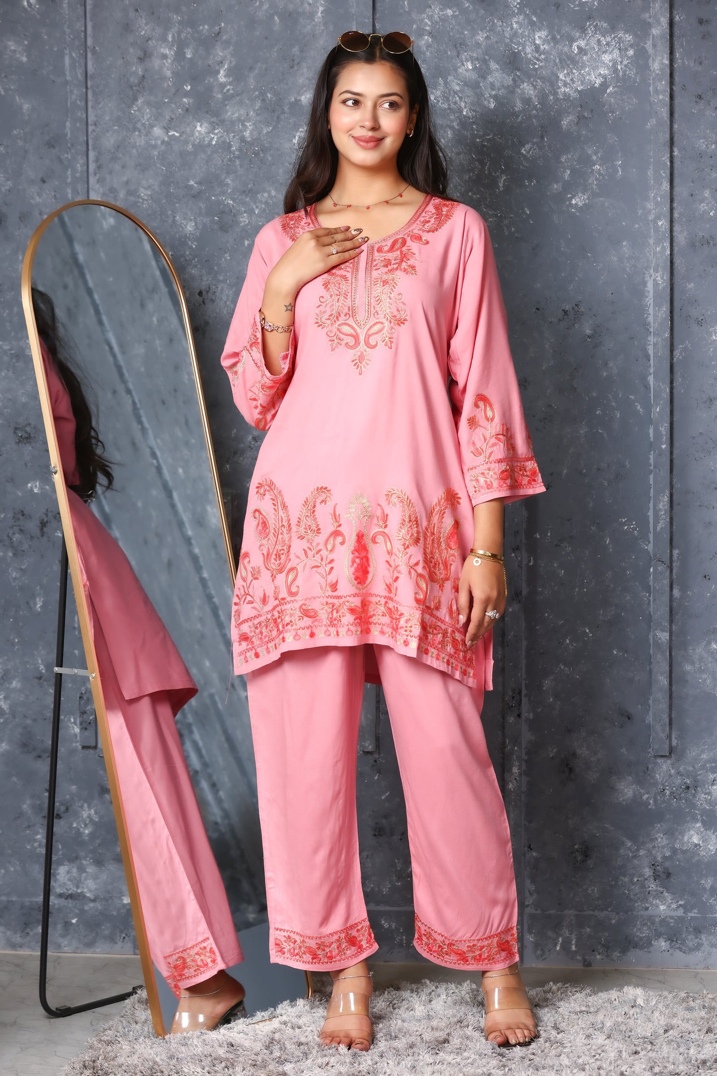 Kashmiri Embroidered Rayon Co-Ord Set - Peach