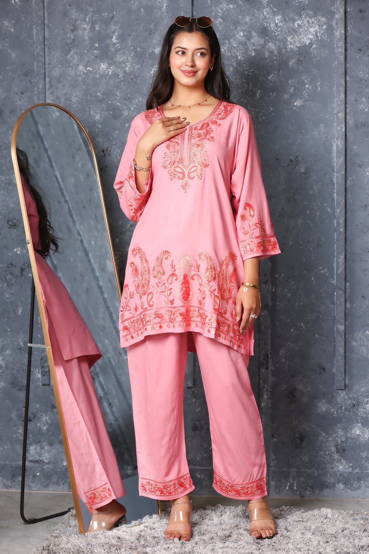Kashmiri Embroidered Rayon Co-Ord Set - Peach