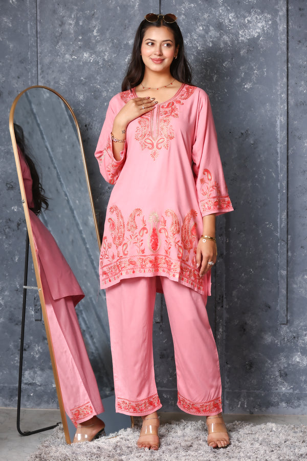 Kashmiri Embroidered Rayon Co-Ord Set - Peach