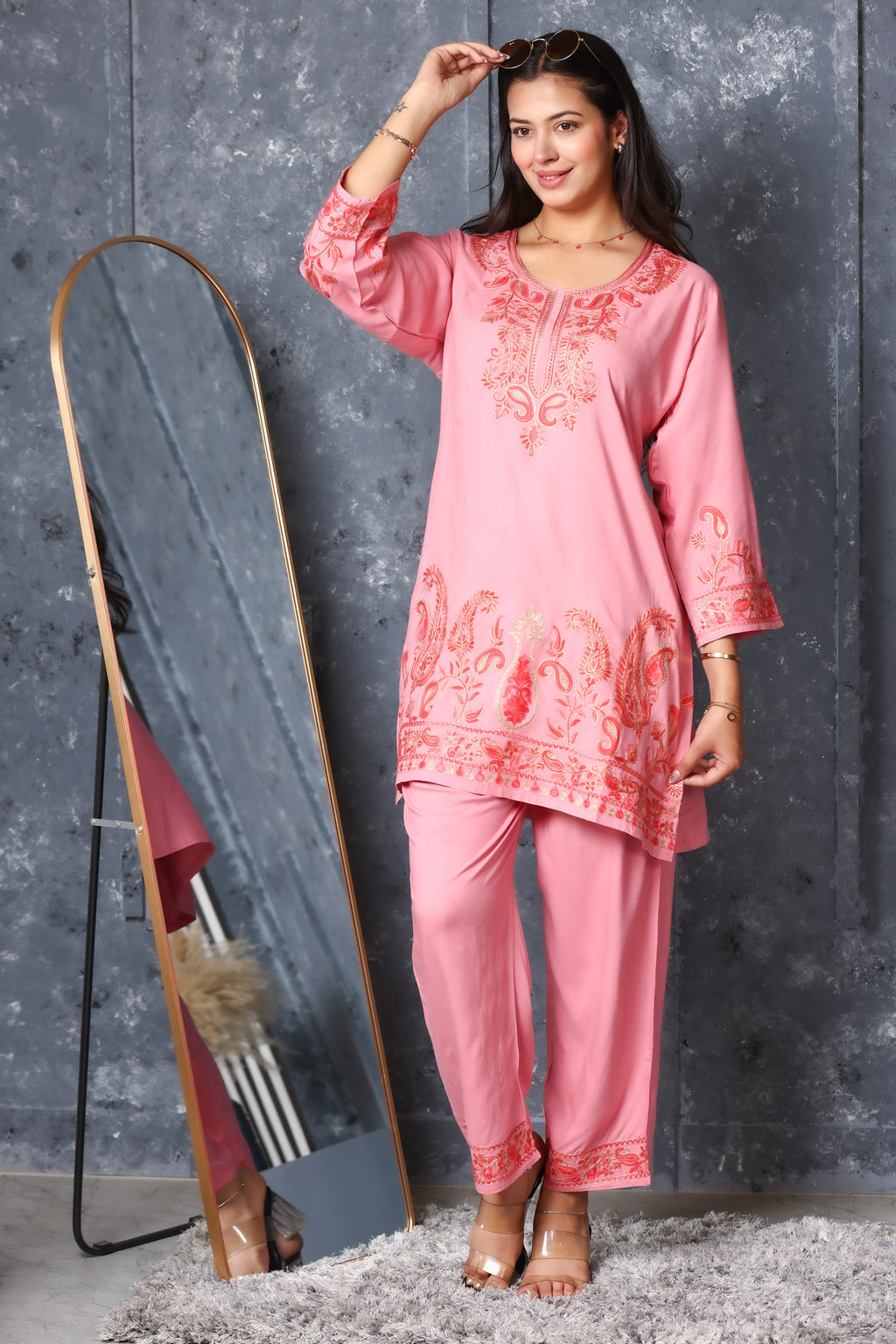Kashmiri Embroidered Rayon Co-Ord Set - Peach