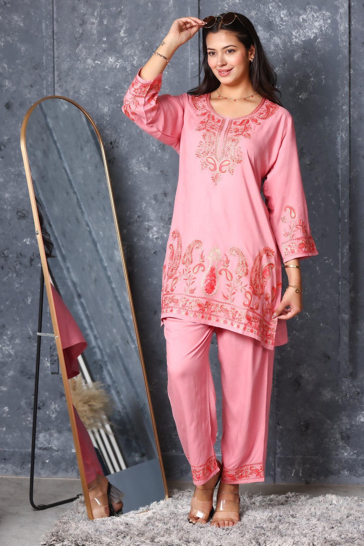 Kashmiri Embroidered Rayon Co-Ord Set - Peach