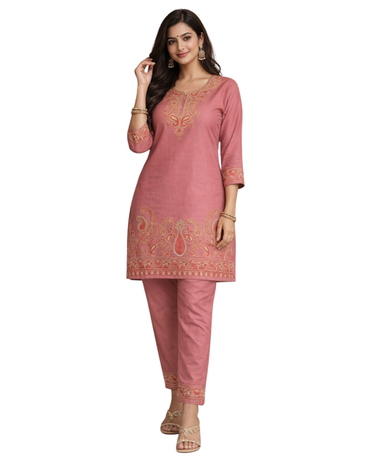 Kashmiri Embroidered Rayon Co-Ord Set - Peach