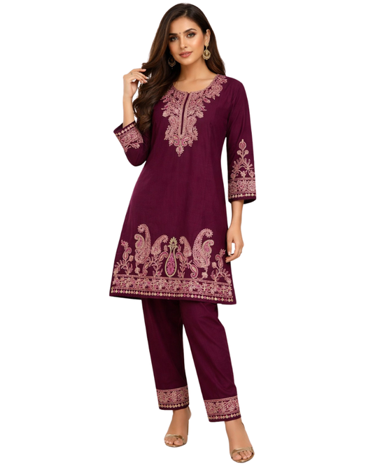 Kashmiri Embroidered Rayon Co-Ord Set - Wine