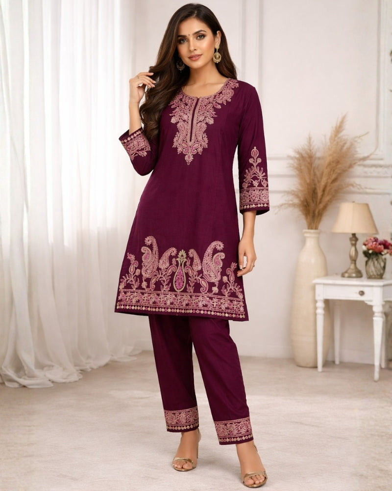 Kashmiri Embroidered Rayon Co-Ord Set - Wine