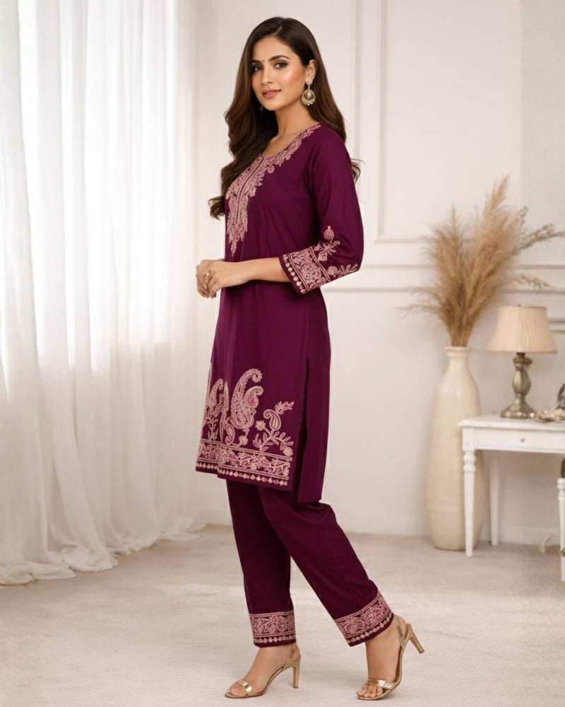 Kashmiri Embroidered Rayon Co-Ord Set - Wine