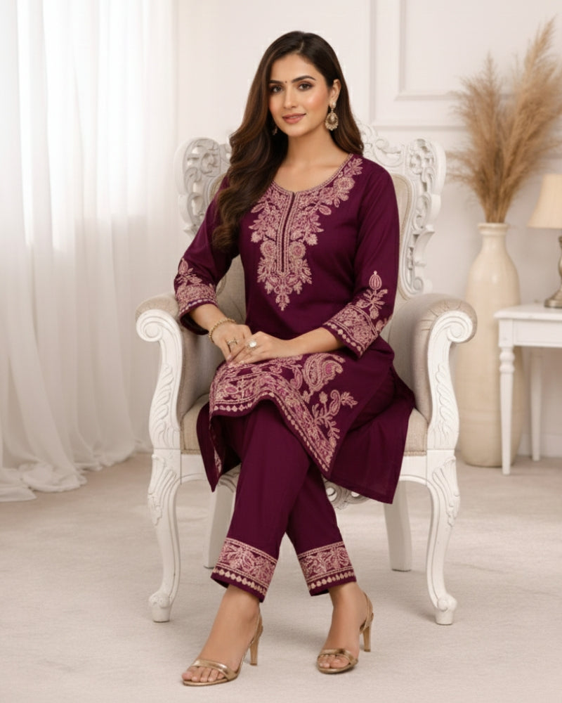 Kashmiri Embroidered Rayon Co-Ord Set - Wine