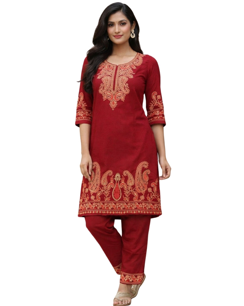 Kashmiri Embroidered Rayon Co-Ord Set - Maroon