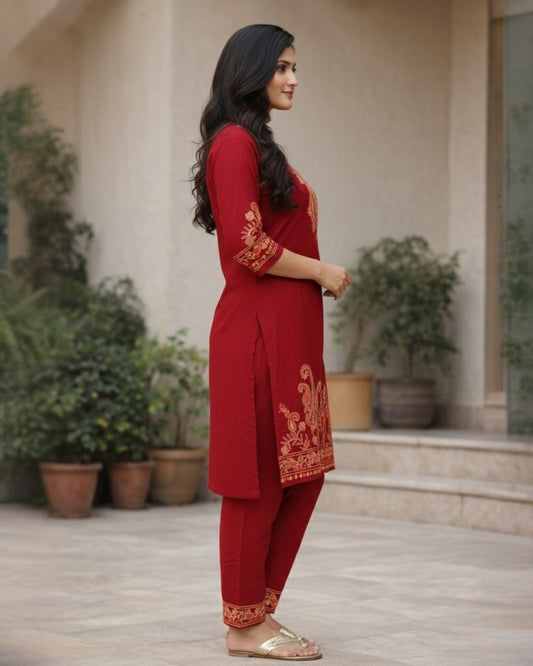 Kashmiri Embroidered Rayon Co-Ord Set - Maroon