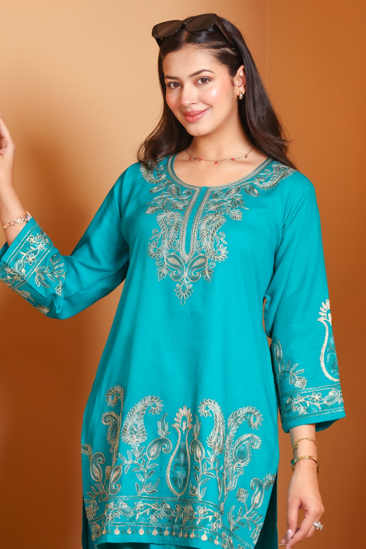 Kashmiri Embroidered Rayon Co-Ord Set - Green