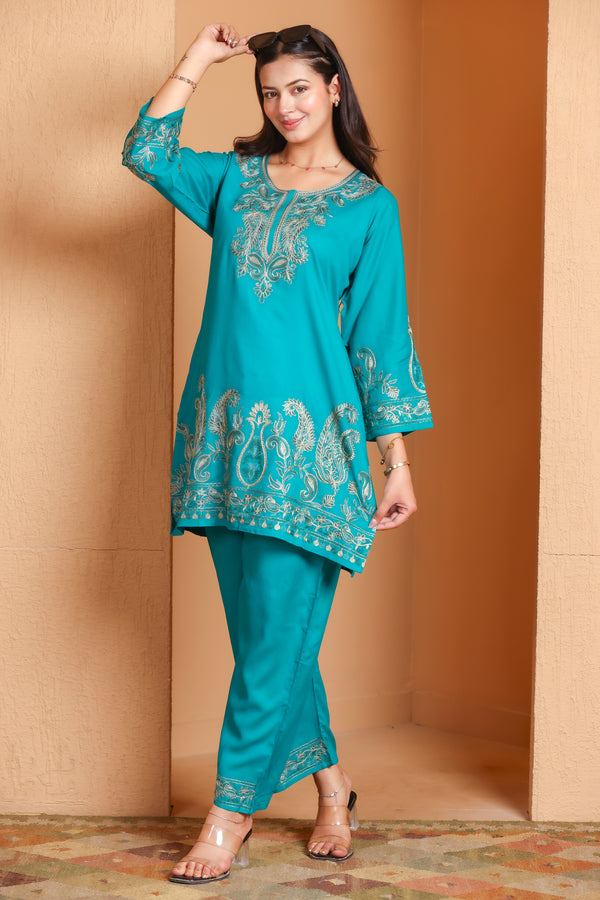 Kashmiri Embroidered Rayon Co-Ord Set - Green