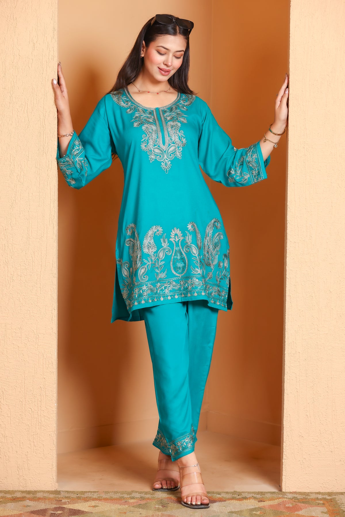 Kashmiri Embroidered Rayon Co-Ord Set - Green