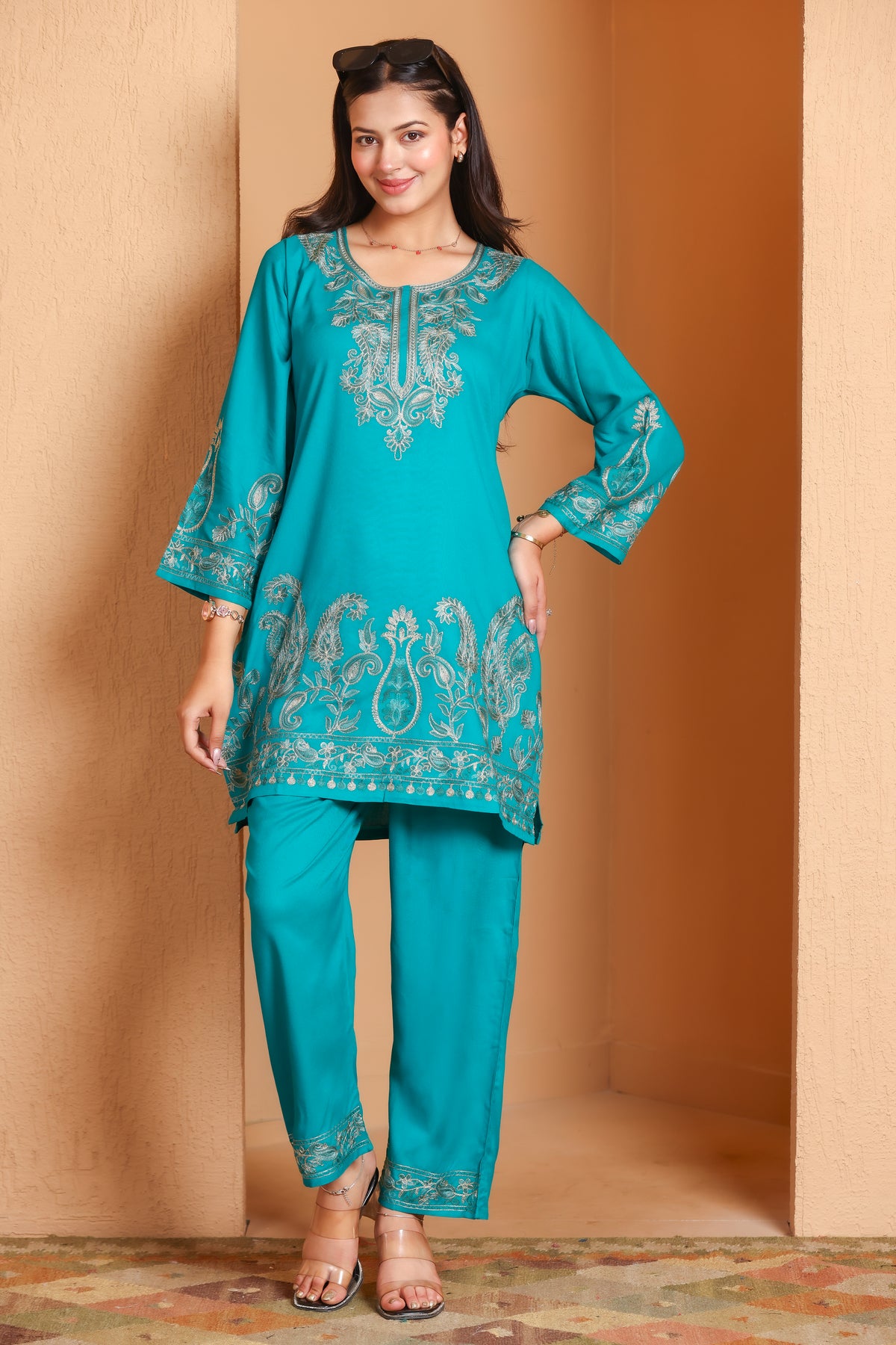 Kashmiri Embroidered Rayon Co-Ord Set - Green