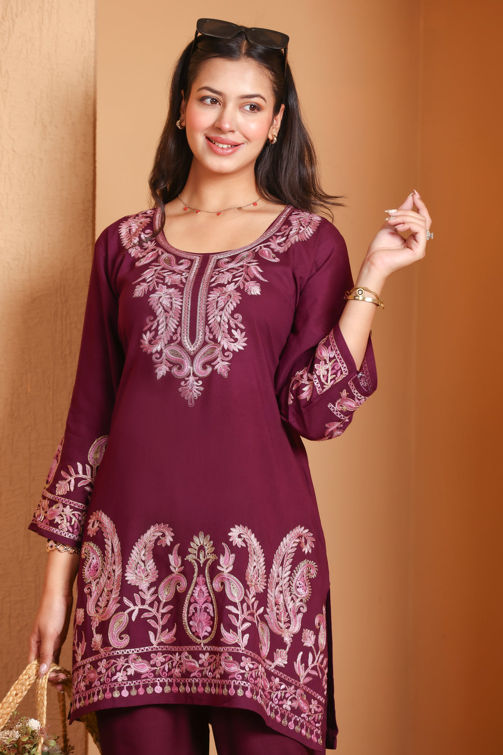 Kashmiri Embroidered Rayon Co-Ord Set - Wine
