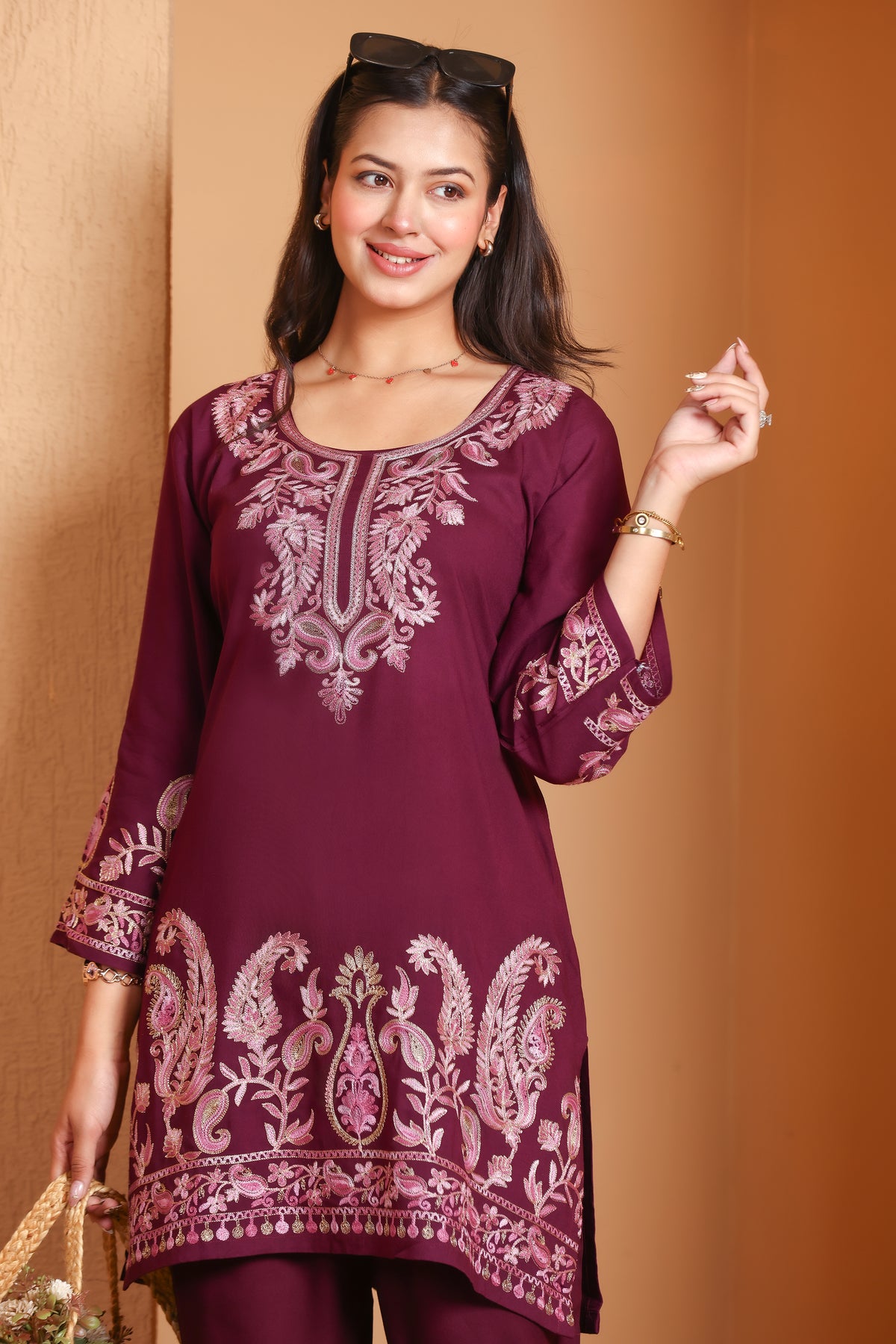 Kashmiri Embroidered Rayon Co-Ord Set - Wine