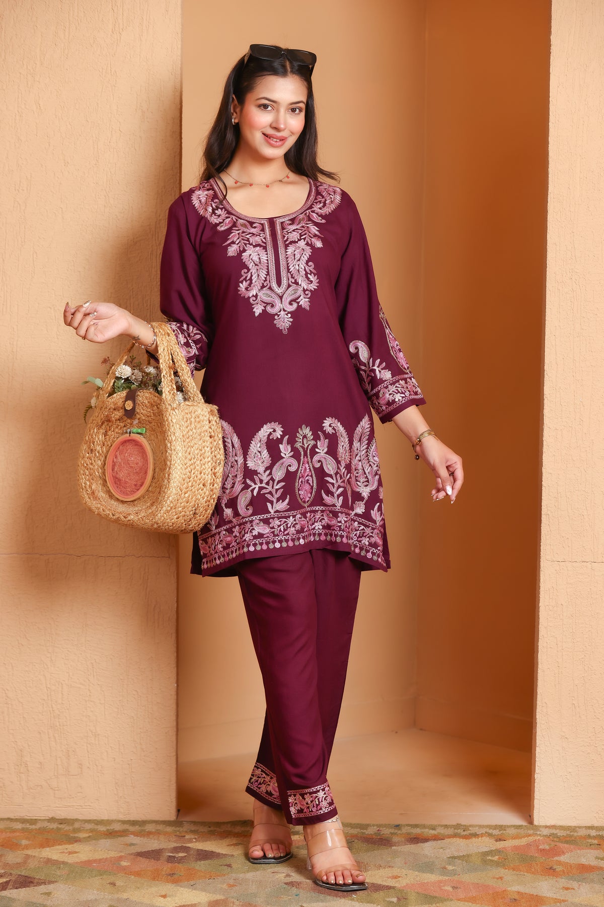 Kashmiri Embroidered Rayon Co-Ord Set - Wine