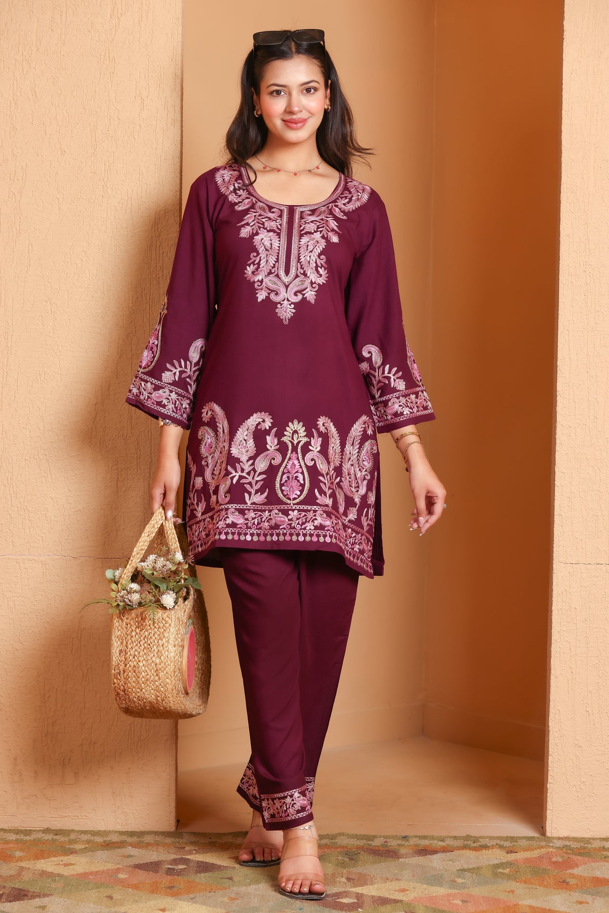 Kashmiri Embroidered Rayon Co-Ord Set - Wine