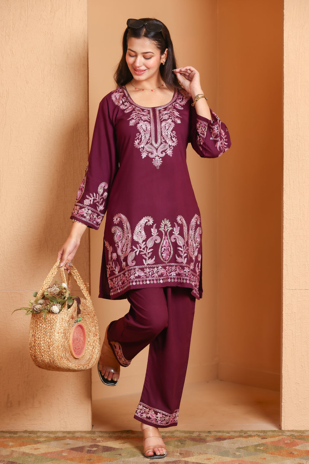 Kashmiri Embroidered Rayon Co-Ord Set - Wine