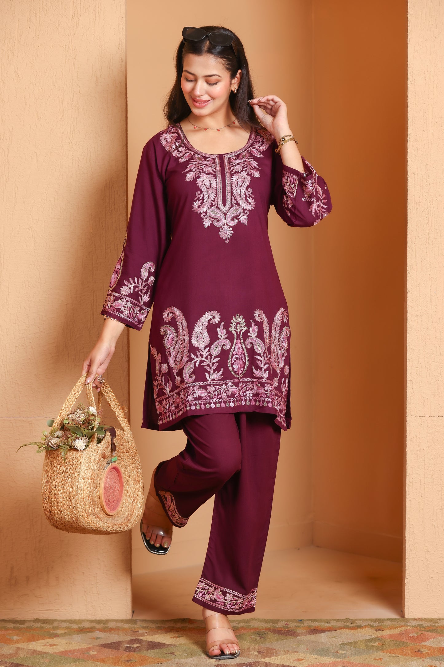 Kashmiri Embroidered Rayon Co-Ord Set - Wine
