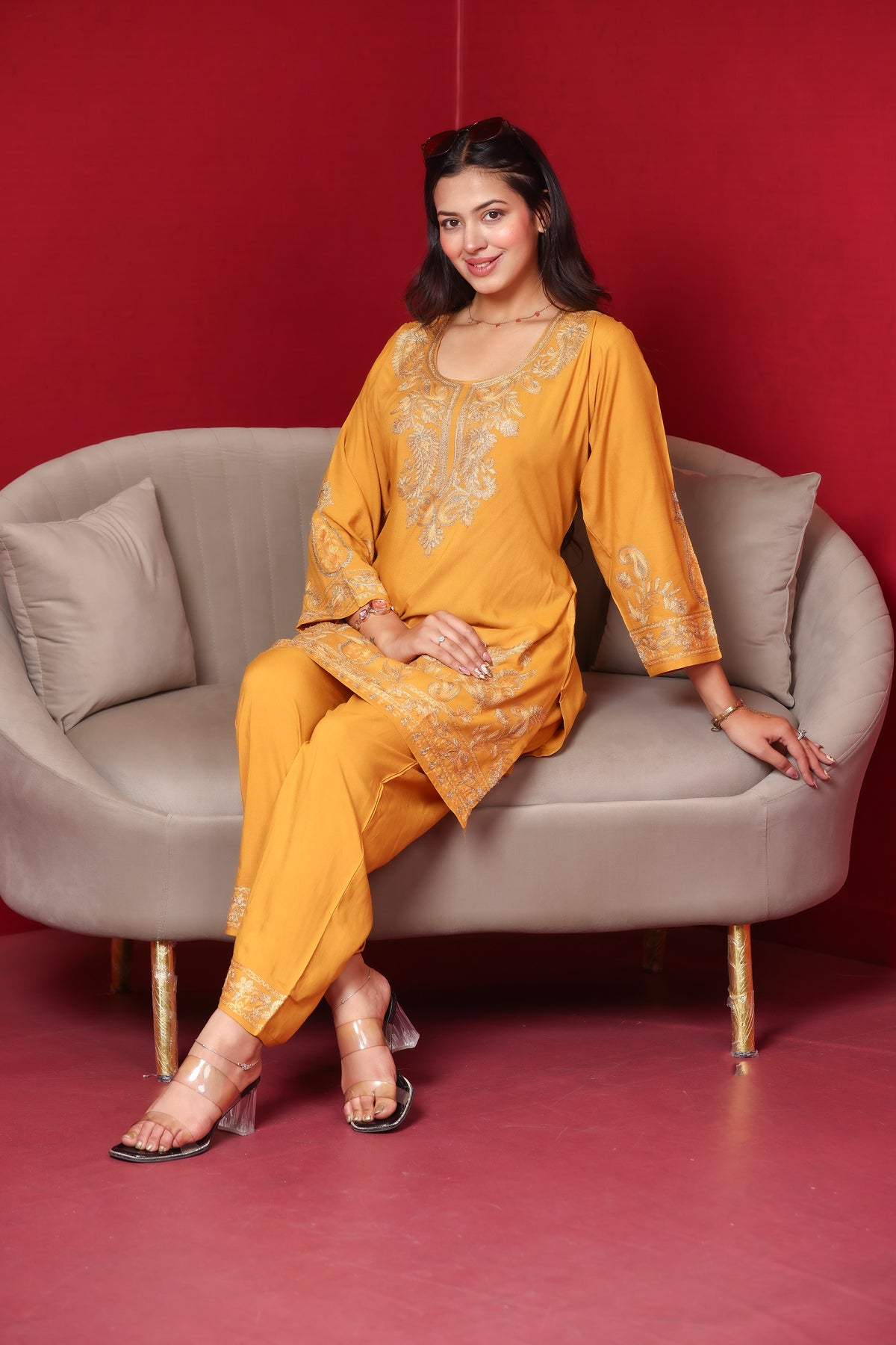 Kashmiri Embroidered Rayon Co-Ord Set - Mustard